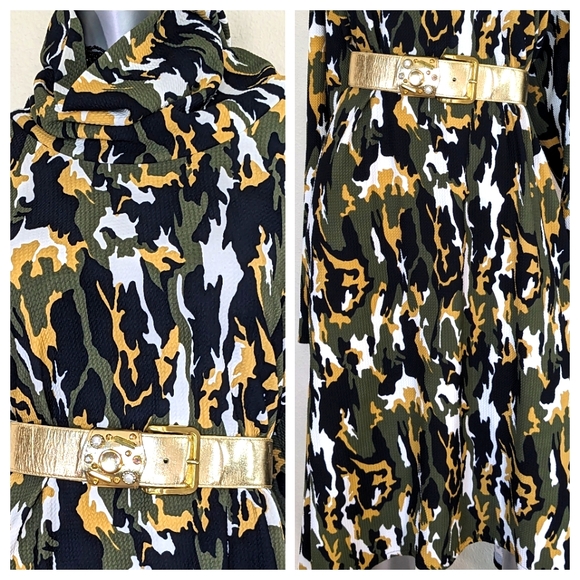 "Ashley Stewart" Camo Drapey Cowl Neck Bodycon Asymmetric Army Fatique Dress - Picture 7 of 15